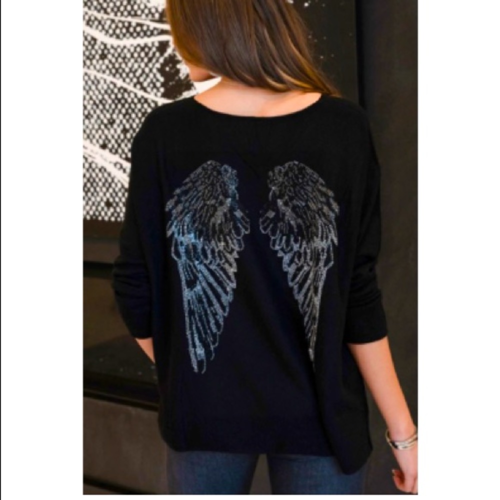 Black rhinestone angel wing sweater